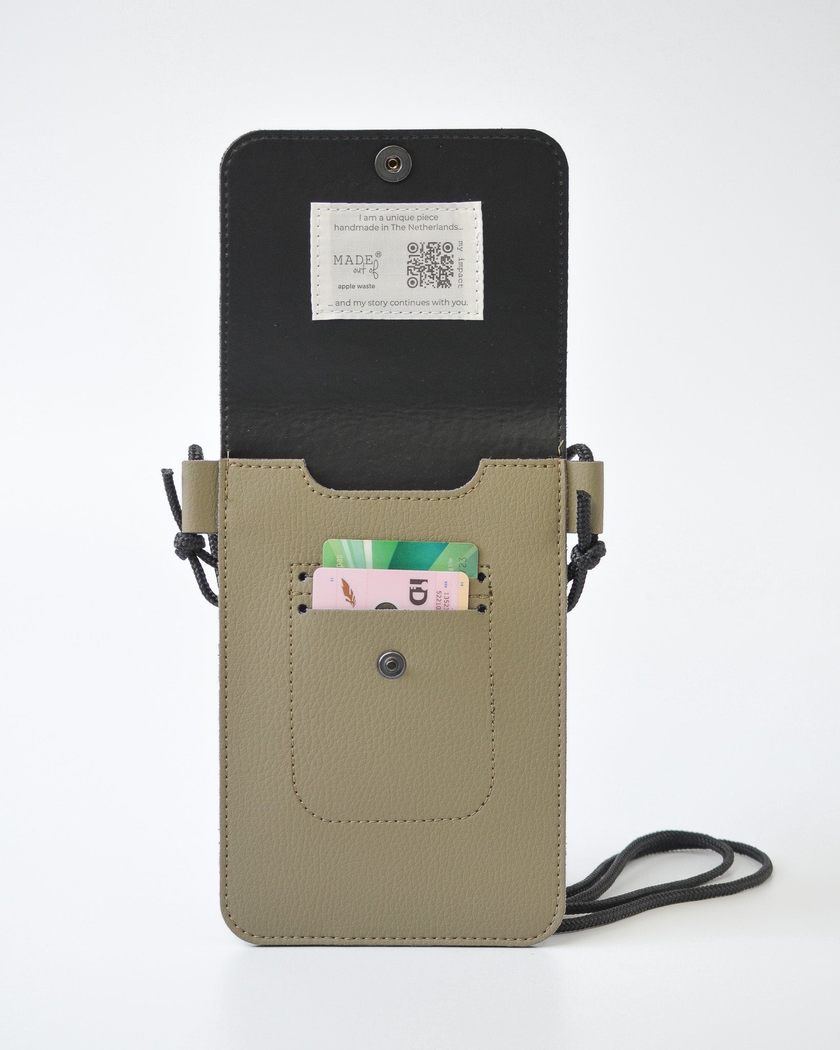 Duurzaam telefoontasje crossbody MOOS van vegan appelleer taupe binnenkant